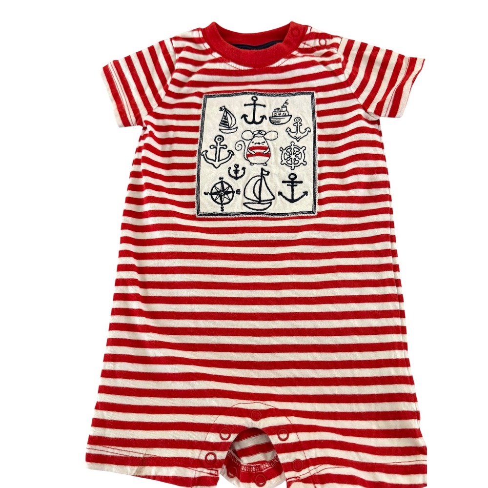 Gymboree Boys3-6 mths Red White Romper Nautical Mouse Stripe Shore To Love Line